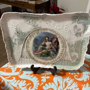 Unique Vintage Decorative Plate with Green and White Accents